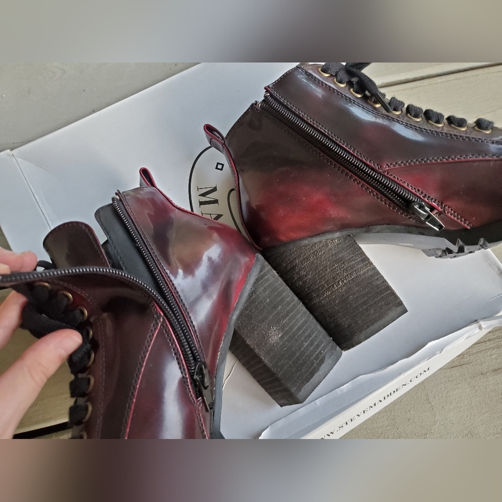 Steve Madden Andie Deep Cherry Burgundy Lace-Up Lug Sole Ankle Booties - Picture 12 of 16
